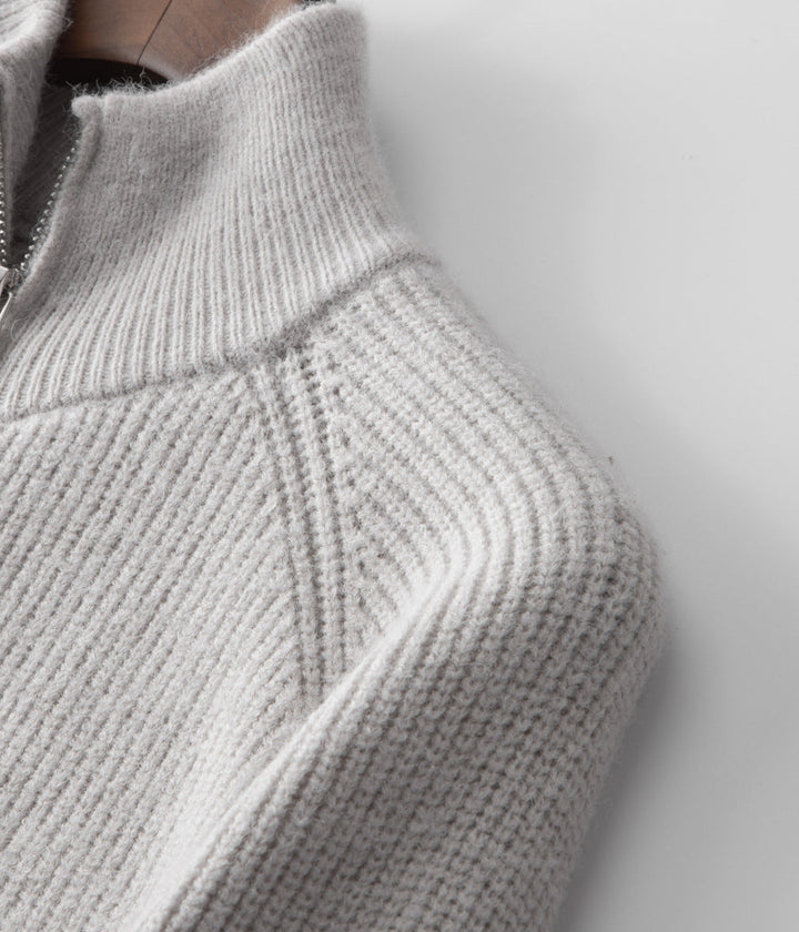 Comfortable & stylish men's ribbed funnel neck zip cardigan, perfect for versatile all-season wear.