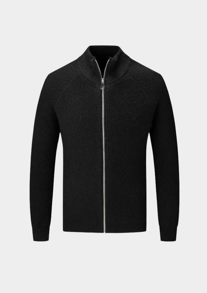 Men's ribbed funnel neck zip jacket alternative, a versatile cardigan for smart casual & layering looks.