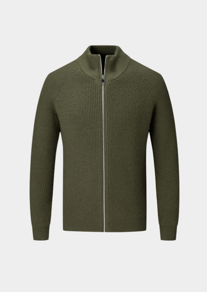All-season men's ribbed funnel neck zip cardigan, ideal for adaptable style & comfortable layering.