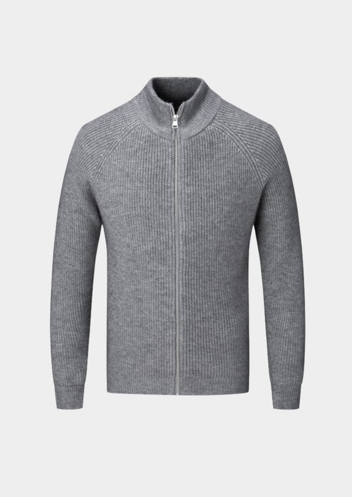 Comfortable men's ribbed zip cardigan with funnel neck, great for all-season layering & casual wear.