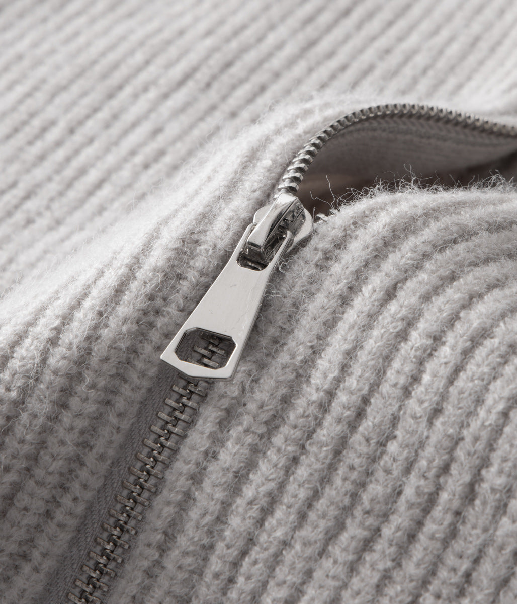 Full-zip men's funnel neck ribbed cardigan jacket, a smart casual piece for various occasions.