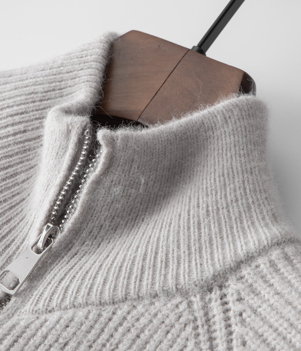 All-occasion men's ribbed funnel neck zip cardigan, an essential for smart casual and business outfits.