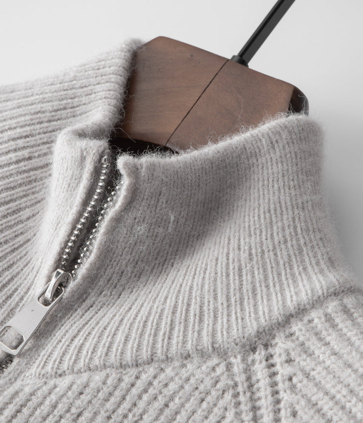 All-occasion men's ribbed funnel neck zip cardigan, an essential for smart casual and business outfits.