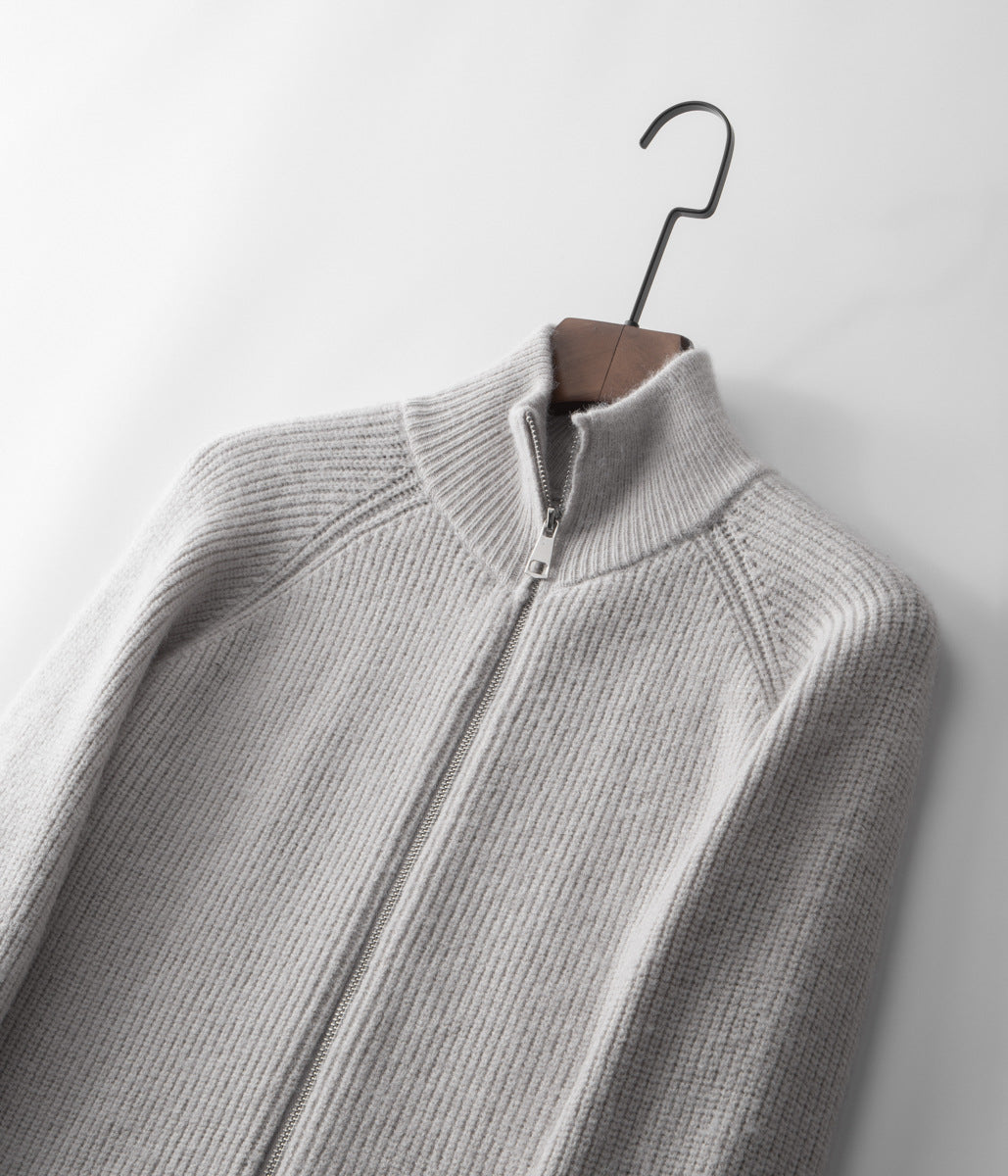 Men's layering ribbed funnel neck zip cardigan, a versatile jacket for all seasons and stylish comfort.