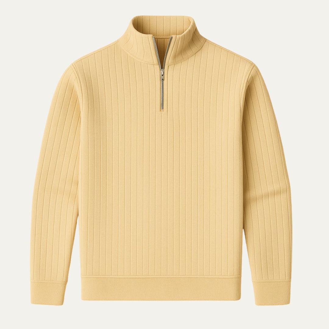 Men's ribbed half-zip sweater, black, offering versatile warmth for fall & winter style.