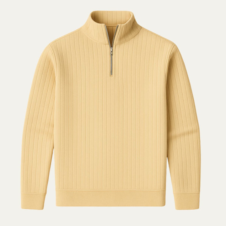 Men's ribbed half-zip sweater, black, offering versatile warmth for fall & winter style.