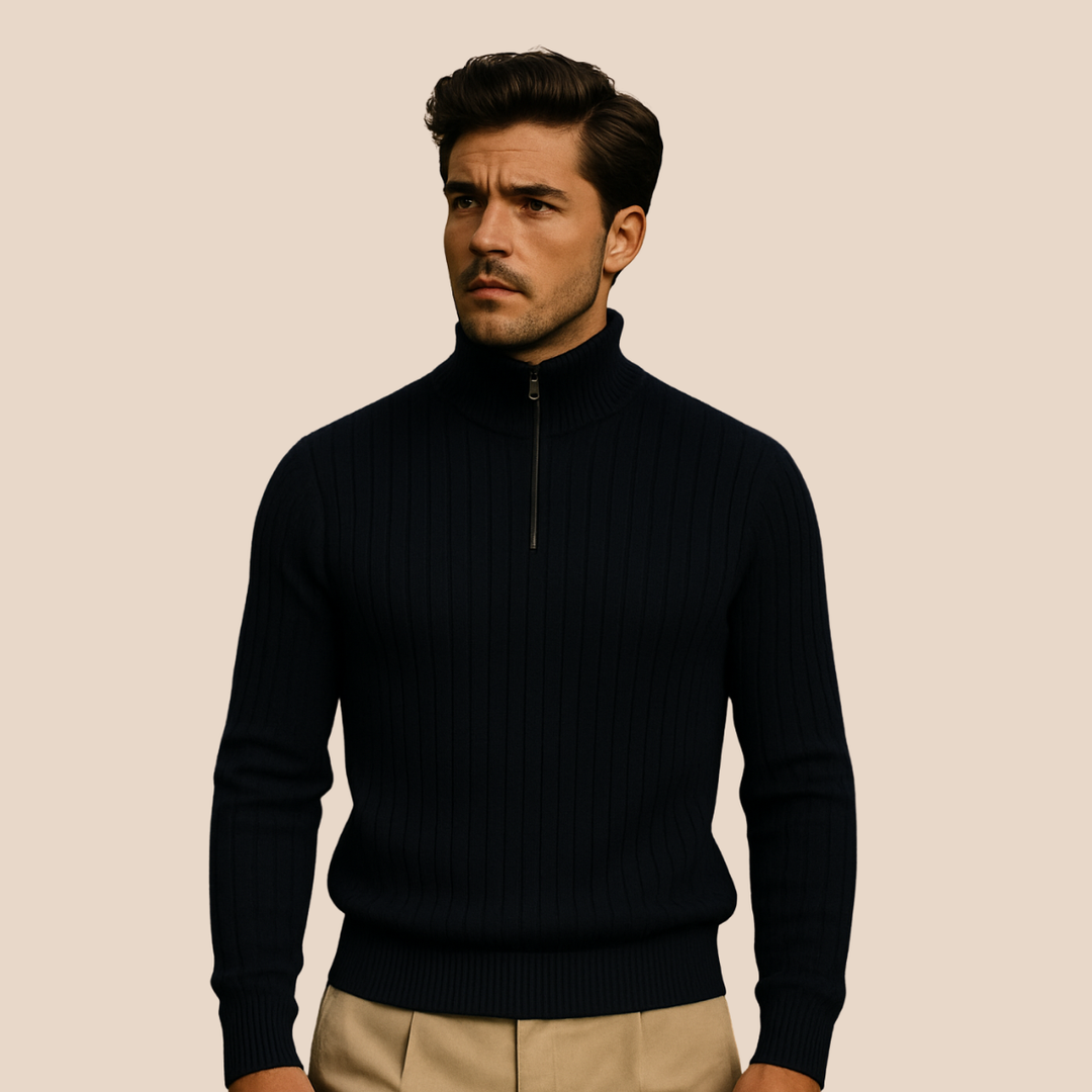 Men's casual ribbed half-zip sweater, perfect for versatile warmth and a smart-casual look.