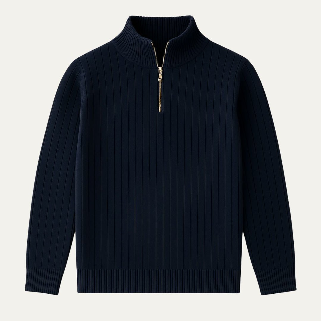Stylish men's half-zip ribbed sweater in navy, perfect for cozy fall & winter outfits.