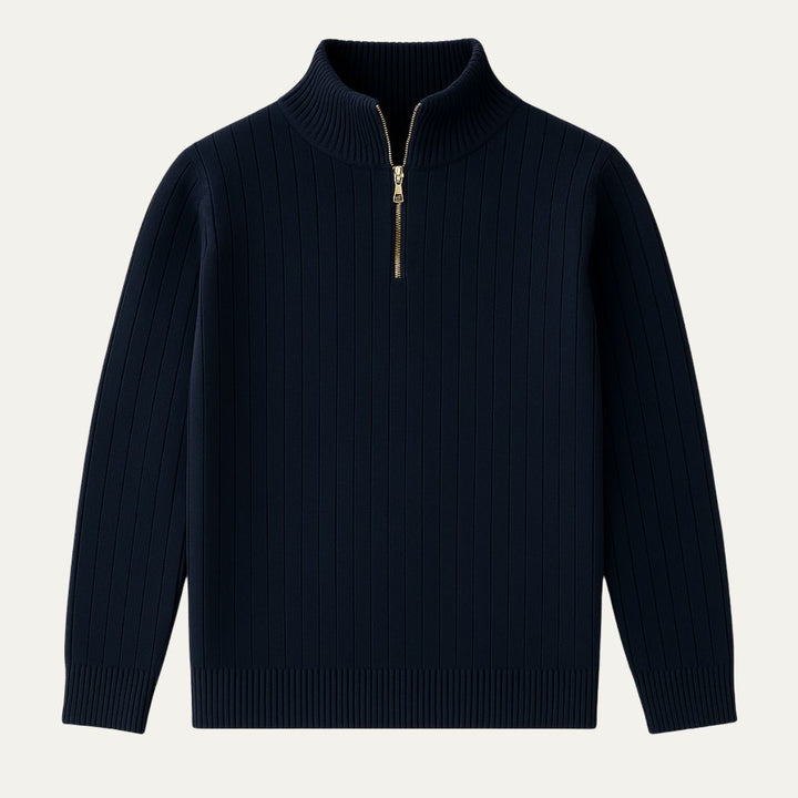 Stylish men's half-zip ribbed sweater in navy, perfect for cozy fall & winter outfits.