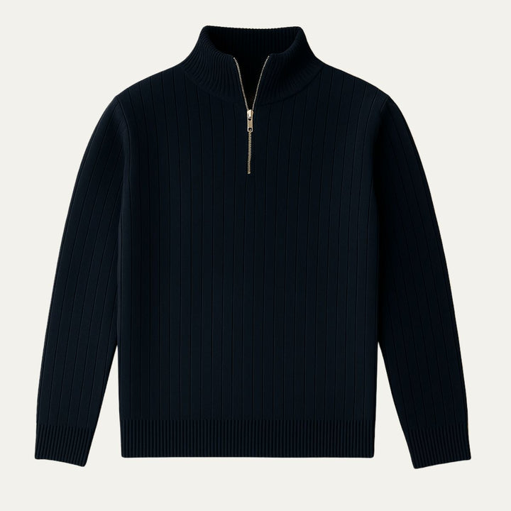 Casual men's long-sleeve half-zip pullover sweater with a ribbed texture, warm and stylish.