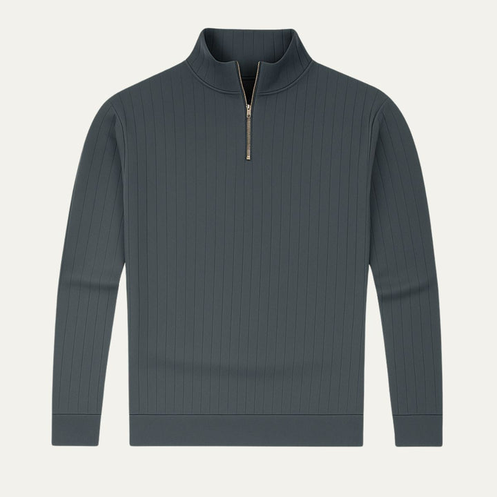 Versatile men's ribbed stand-collar half-zip sweater, ideal for layering in cold weather.