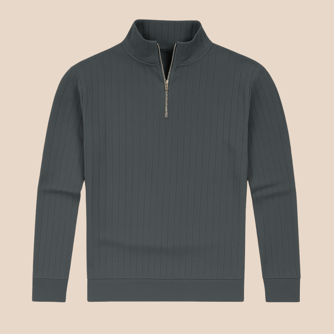 Classic men's ribbed half-zip sweater with a stand collar, offering comfortable everyday style.