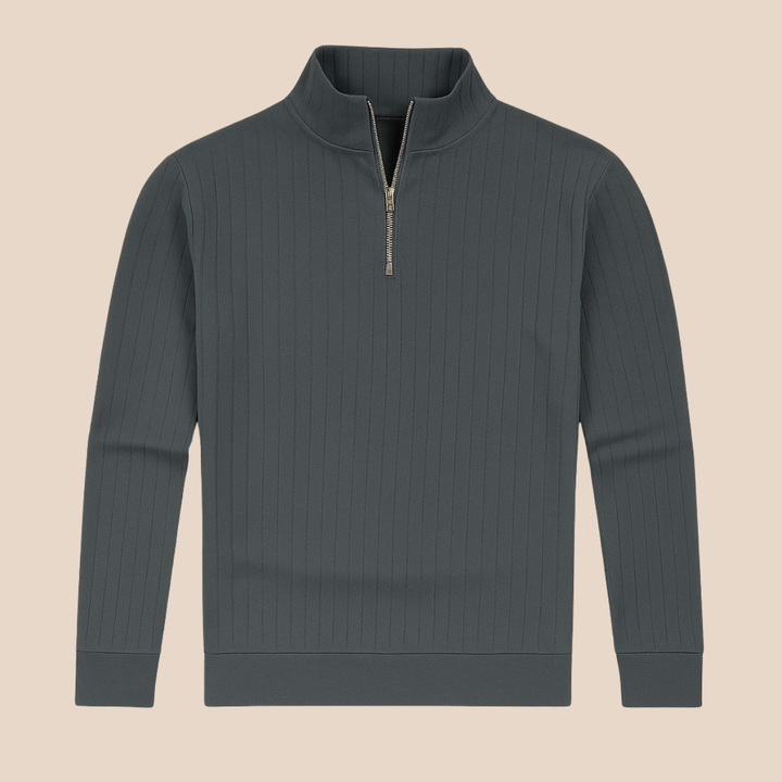 Classic men's ribbed half-zip sweater with a stand collar, offering comfortable everyday style.