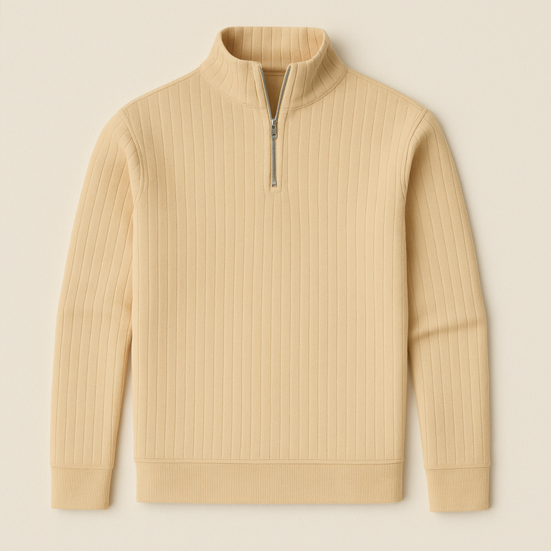 Warm men's ribbed half-zip sweater, a versatile long-sleeve pullover for chilly days.