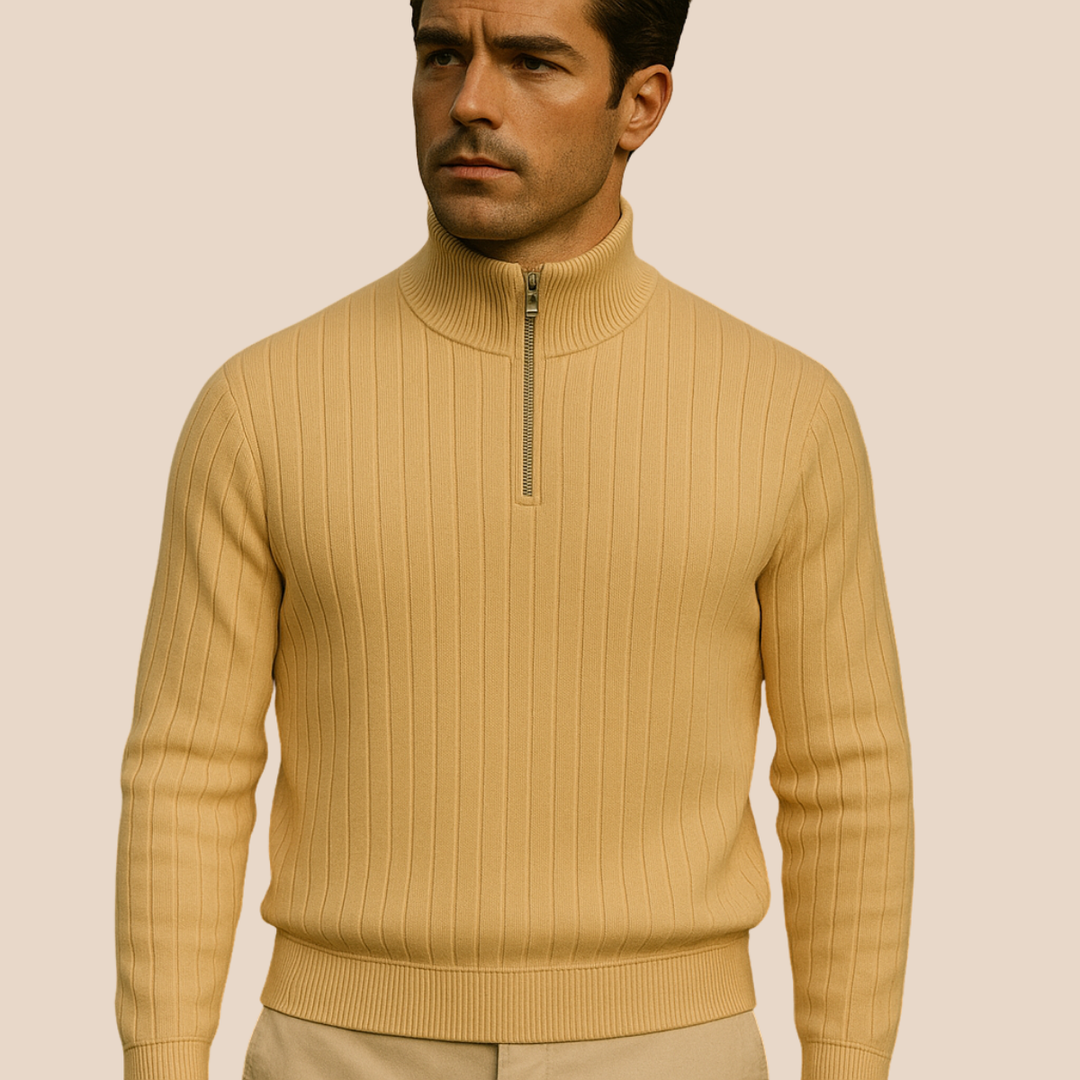 Stylish men's ribbed half-zip sweater in charcoal, providing cozy and modern fall/winter fashion.