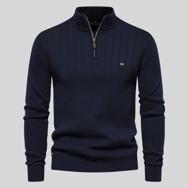 Men's ribbed half-zip sweater in a classic knit, perfect for smart layering and versatile winter fashion.