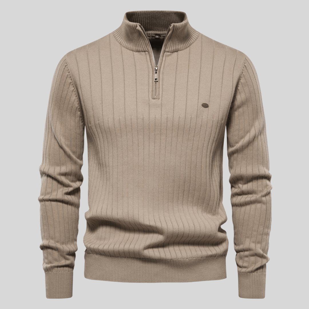 Elegant men's smart casual half-zip sweater, a wardrobe essential for sophisticated layered winter outfits.