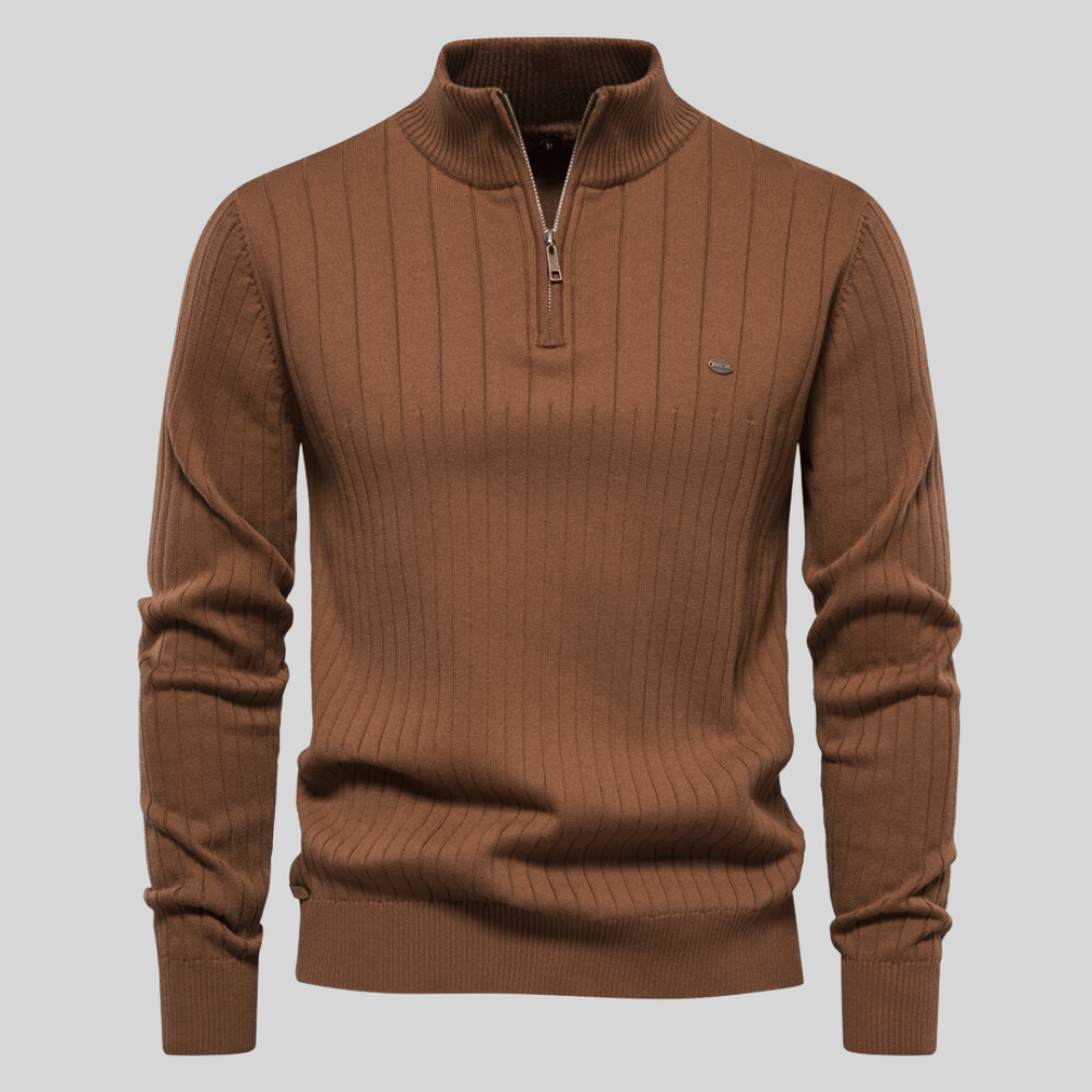 Durable men's ribbed long-sleeve sweater featuring a practical half-zip, ideal for warmth and style.