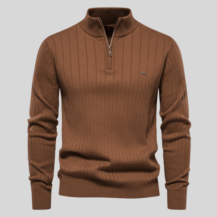 Durable men's ribbed long-sleeve sweater featuring a practical half-zip, ideal for warmth and style.