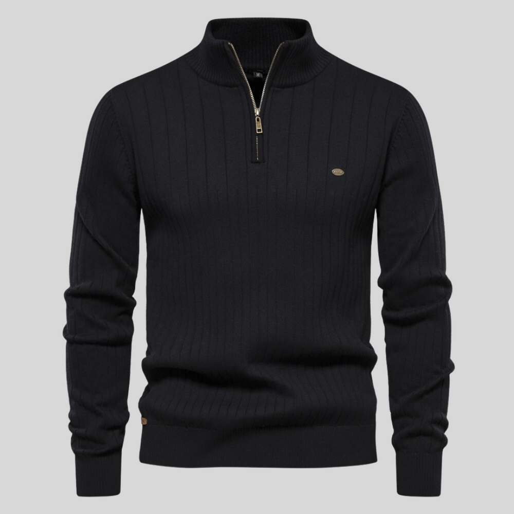 Modern men's half-zip sweater with ribbed detailing, offering a comfortable fit for any autumn or winter ensemble.