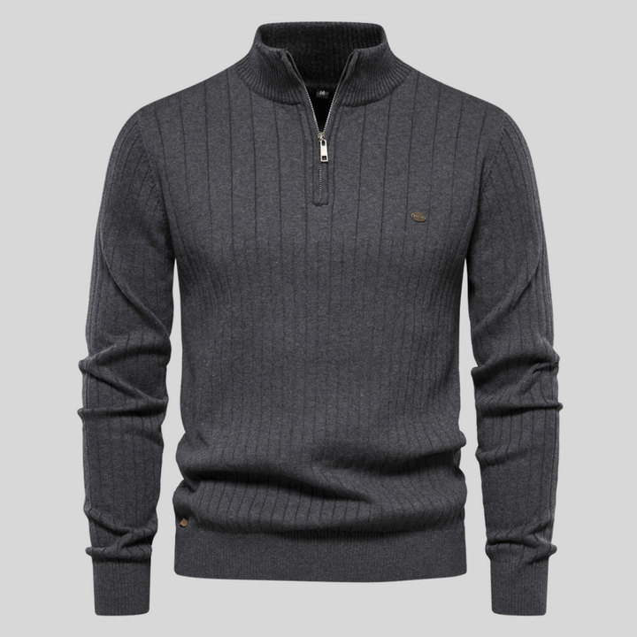 Versatile men's mock neck half-zip pullover, perfect for transitioning from office to casual evening wear.
