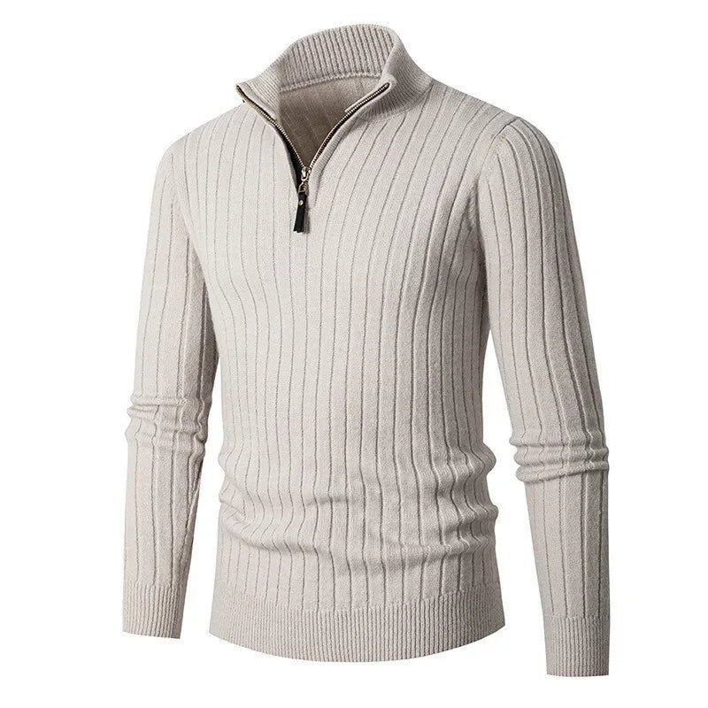 Sophisticated men's half-zip ribbed sweater. Ideal for versatile layering and modern menswear style.