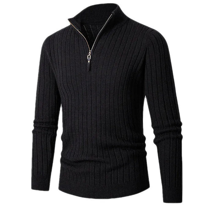 Side view of men's stylish ribbed half-zip sweater. A versatile, comfortable piece for modern layering.