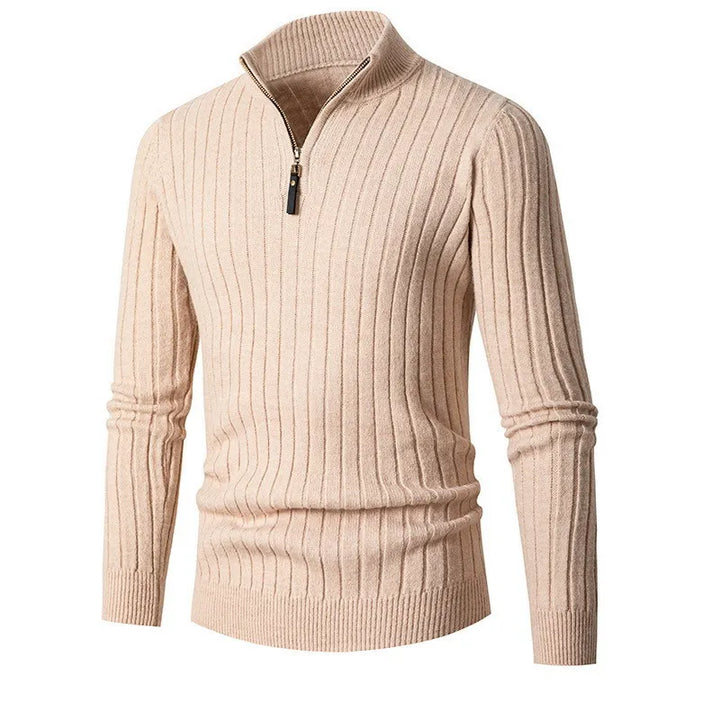 Comfortable men's ribbed half-zip sweater. Offers modern style, easy layering for sophisticated looks.