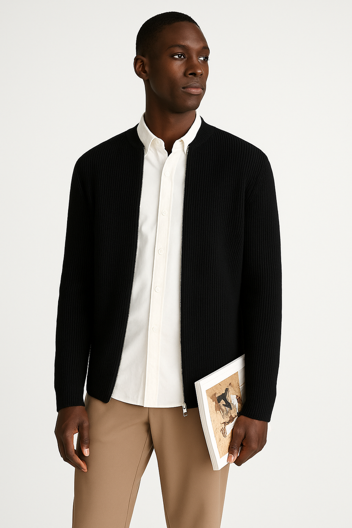 Men's ribbed knit cardigan sweater with a versatile double zipper closure for smart casual layering and modern style.