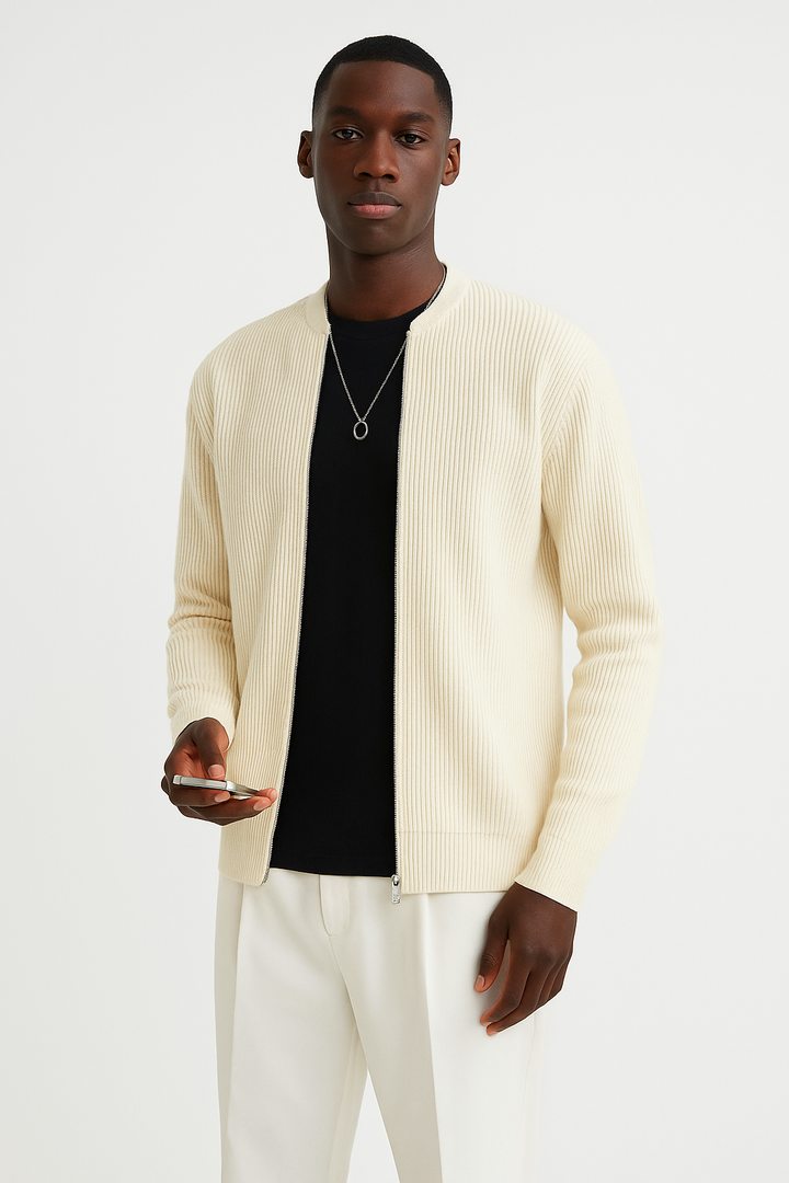 Stylish men's long sleeve ribbed cardigan sweater, perfect for a versatile layered look or casual everyday wear. Double zipper.
