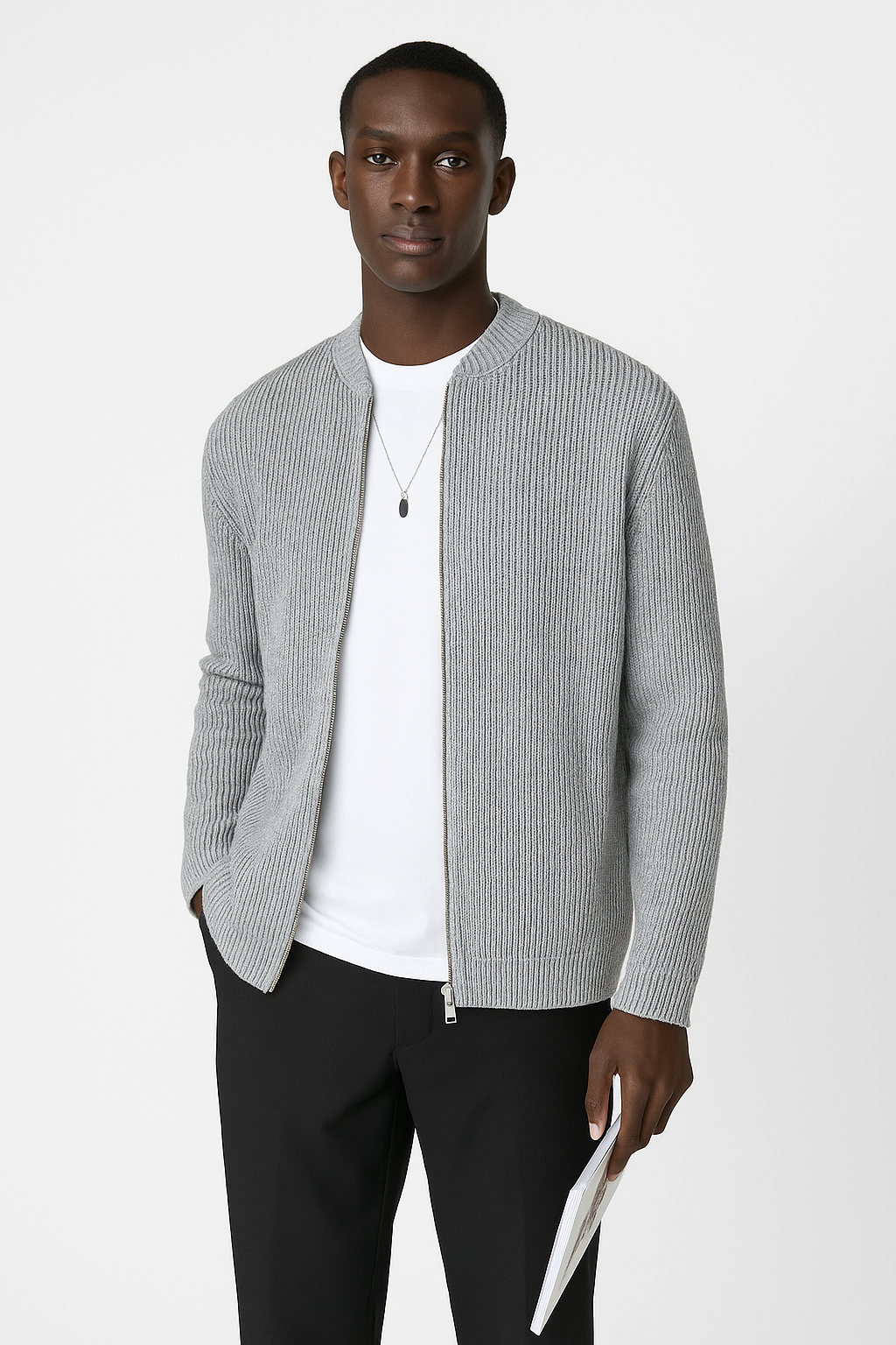 Close-up of a men's ribbed knit cardigan sweater, showcasing the texture and modern double zipper for men's fashion.