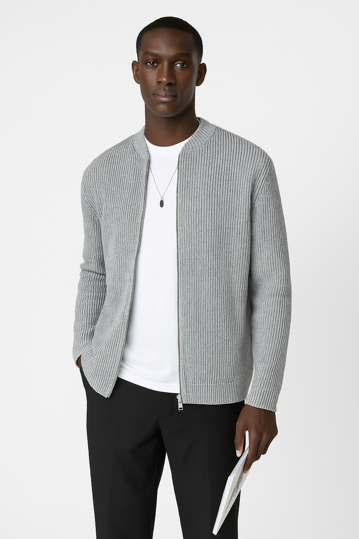 Close-up of a men's ribbed knit cardigan sweater, showcasing the texture and modern double zipper for men's fashion.