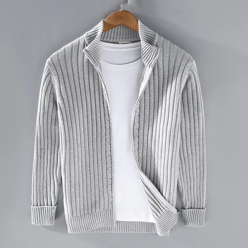 Men's ribbed knit full-zip sweater, cotton blend, tailored fit, classic style for elegant layering.