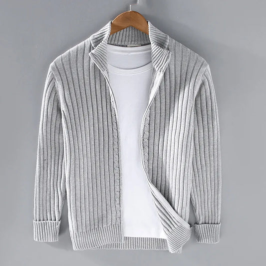 Men's ribbed knit full-zip sweater, cotton blend, tailored fit, classic style for elegant layering.