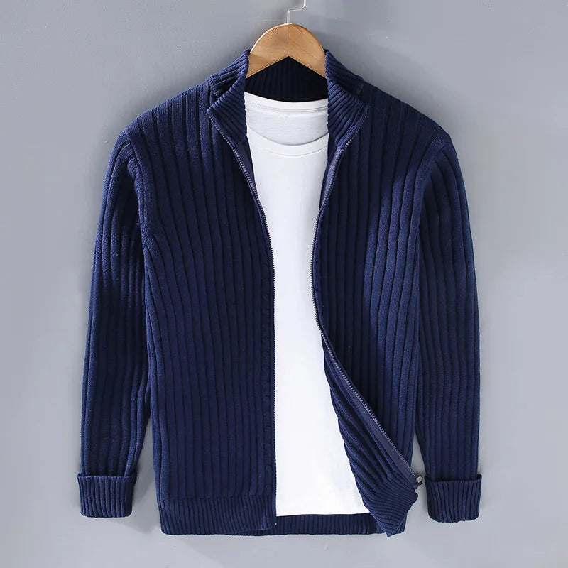 Stylish men's full-zip ribbed knit sweater in a premium cotton blend, offering comfort and timeless elegance.