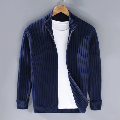 Stylish men's full-zip ribbed knit sweater in a premium cotton blend, offering comfort and timeless elegance.