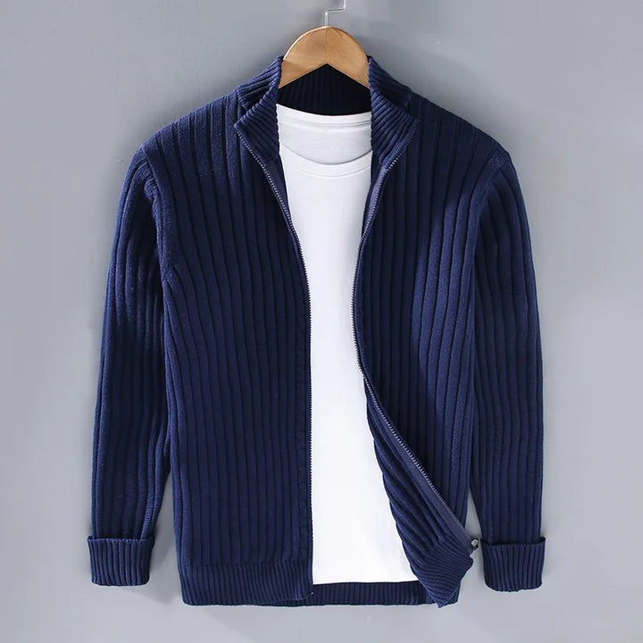 Stylish men's full-zip ribbed knit sweater in a premium cotton blend, offering comfort and timeless elegance.