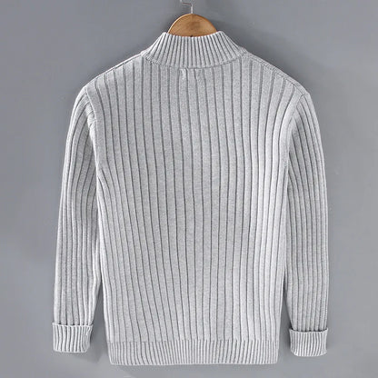 Versatile men's ribbed knit full-zip sweater with a tailored fit, showcasing classic design & durable cotton blend.