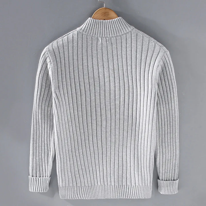 Versatile men's ribbed knit full-zip sweater with a tailored fit, showcasing classic design & durable cotton blend.