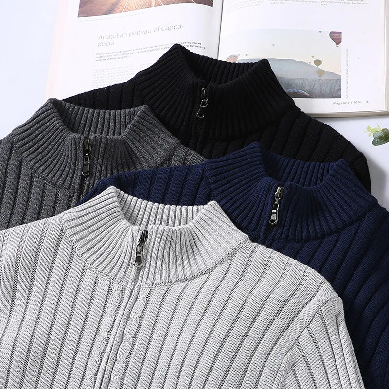 Soft cotton blend men's ribbed knit full-zip sweater, tailored for supreme comfort and classic elegant men's fashion.