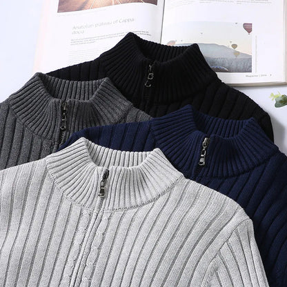Soft cotton blend men's ribbed knit full-zip sweater, tailored for supreme comfort and classic elegant men's fashion.