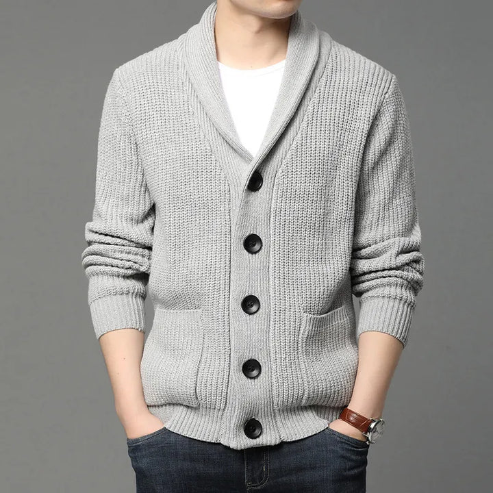 Men's ribbed knit shawl collar cardigan, perfect for a smart casual look or stylish layering.
