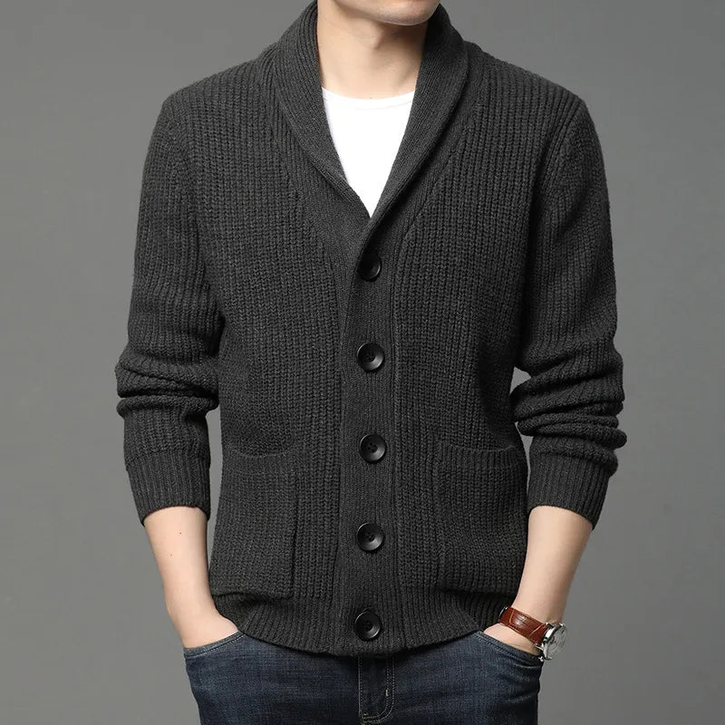 Comfortable men's shawl collar ribbed knit cardigan, versatile for any smart casual occasion & layered style.