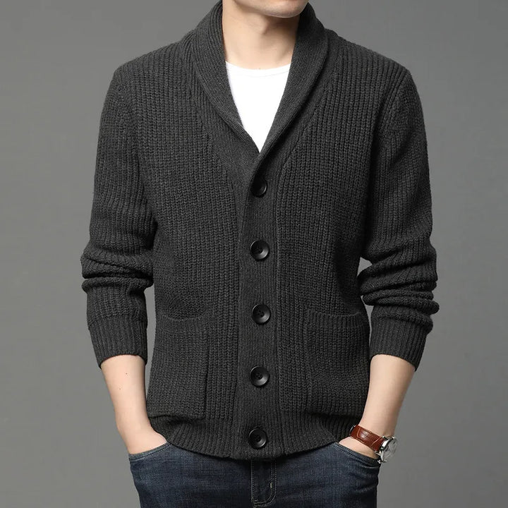 Comfortable men's shawl collar ribbed knit cardigan, versatile for any smart casual occasion & layered style.