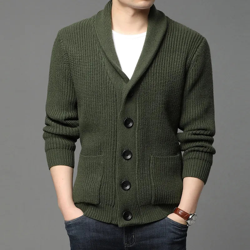 Stylish men's ribbed knit shawl collar cardigan in a soft fabric, ideal for modern menswear layering.