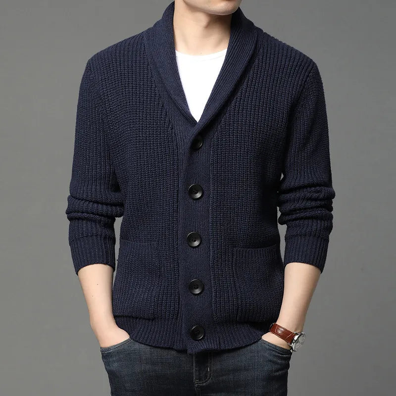 A man wearing a versatile ribbed knit shawl collar cardigan, showcasing its smart casual and all-season style.