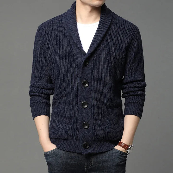 A man wearing a versatile ribbed knit shawl collar cardigan, showcasing its smart casual and all-season style.