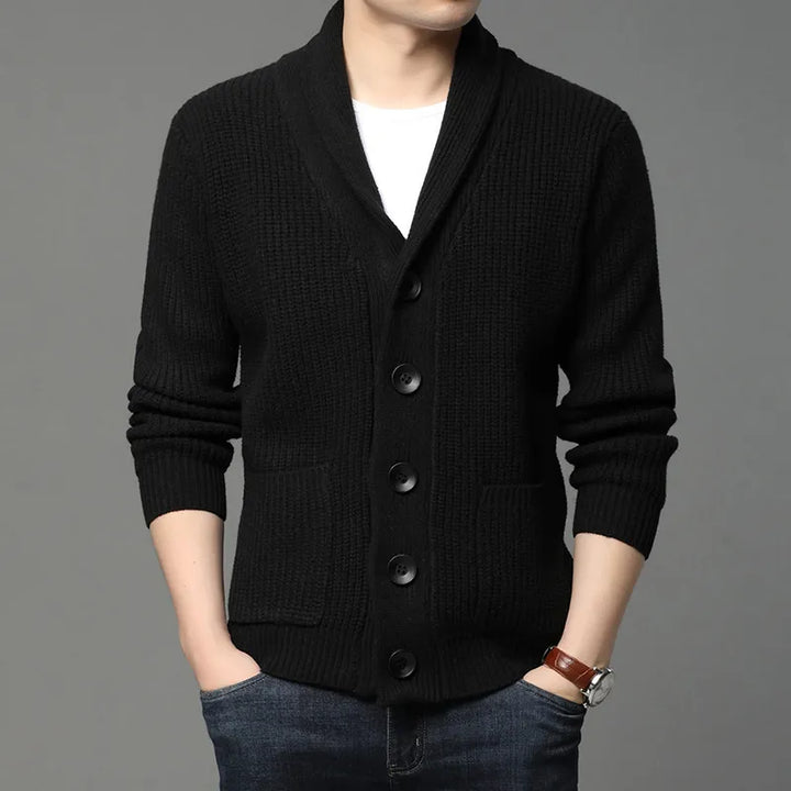 Men's all-season shawl collar cardigan with ribbed knit texture, a comfortable and stylish menswear essential.