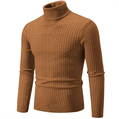 Men's ribbed knit turtleneck sweater, a comfortable slim fit for winter layering.