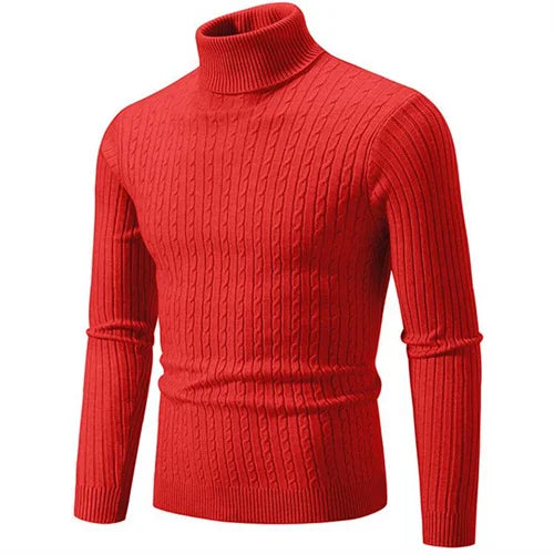 Men's casual ribbed knit turtleneck sweater, offering warmth and style for winter.